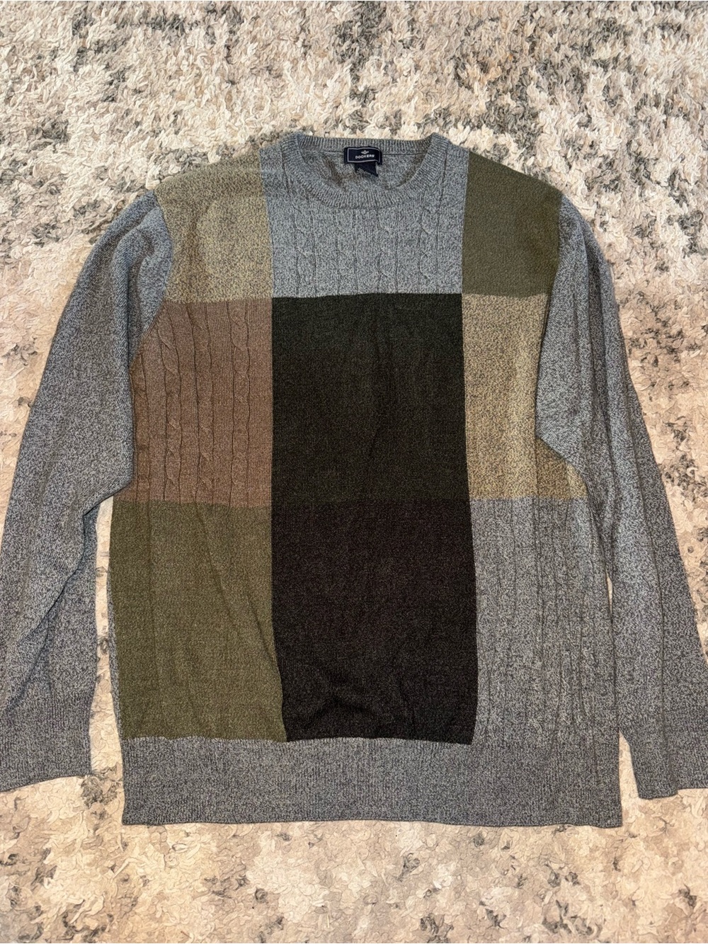 Patchwork Cable Crewneck Sweater - Olive/Gray
